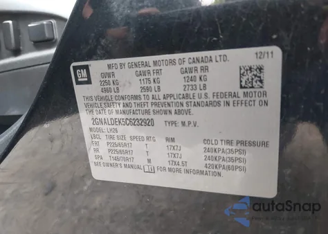 2012 Chevrolet Equinox 1Lt из США, поврежденный, VIN 2GNALDEK5C6232920